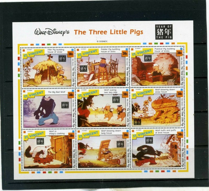 ST.VINCENT 1995 DISNEY THE YEAR OF THE PIG SHEET OF 9 STAMPS MNH 