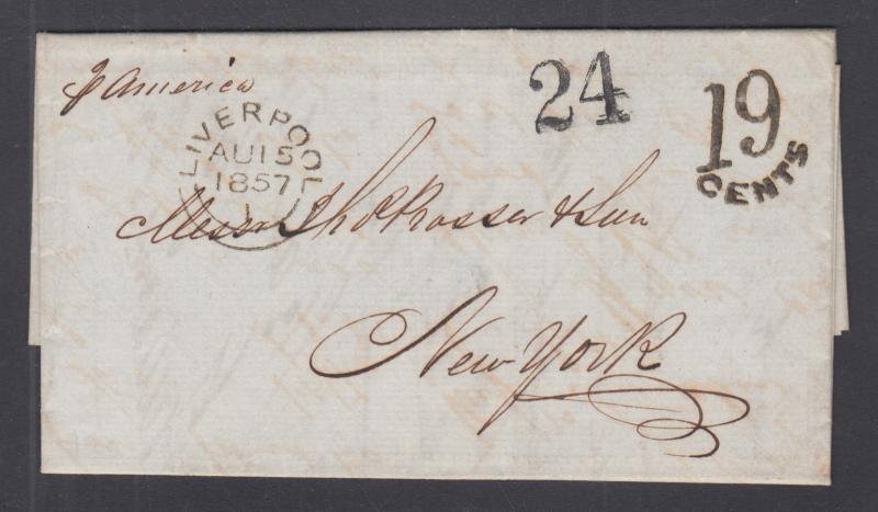 Great Britain 1857 Transatlantic Stampless SFL, Liverpool-New York, per America