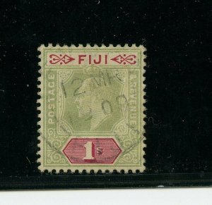 Fiji #67 (FI475) King Edward VII, 1 shilling green & car rose, U, FVF, CV$85.00