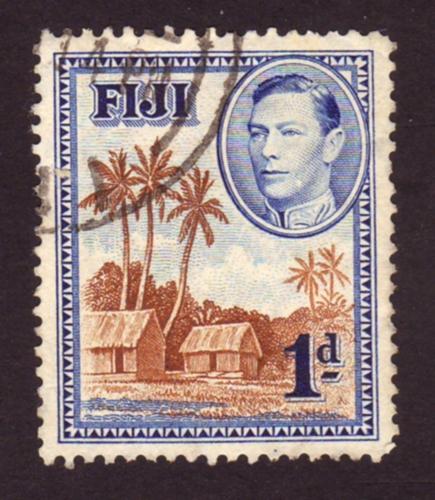 Fiji 1938 Sc#118 1d Brown/Blu Native Village & KGVI USED-Fine-LH.