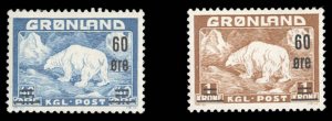 Greenland #39-40 Cat$76, 1956 Surcharges, set of two, lightly hinged