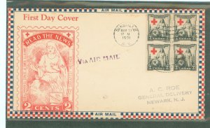 US 702 (1931) 2c American red cross 50th Anniversary block of four on an addressed(handstamp) on an air mail first day cover wit