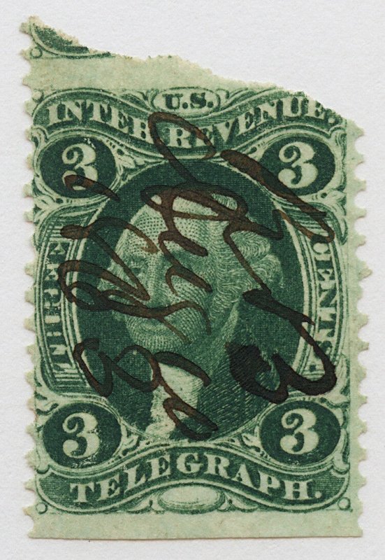 B39 U.S. Revenue Scott R19b 3-cent Telegraph part perf 1863 manuscript cancel