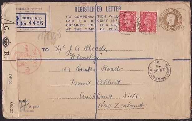 GB 1948 Registered envelope to New Zealand - Officially sealed..............3382