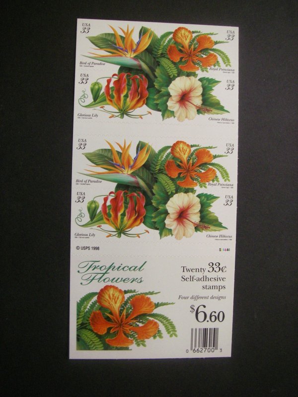 Scott 3313b, 33c Tropical Flowers, Pane of 20, #S24444, MNH Beauty