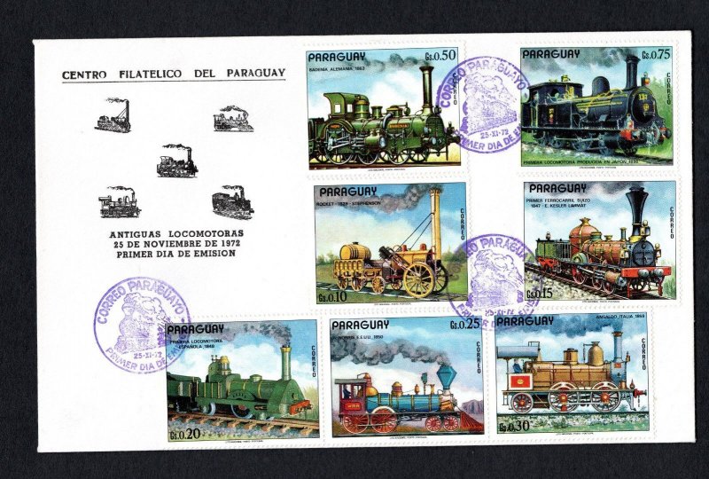 Paraguay 1972 #1476a-e,  #1477-78 Locomotives 1st Day Cover