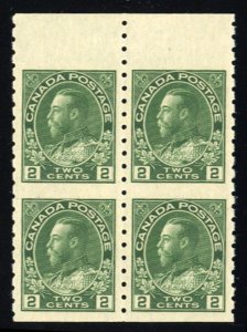 Canada #128 Cat$200+, 1922 2c green, sheet margin block of four, never hinged