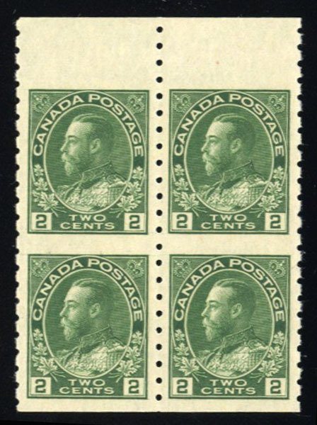 Canada #128 Cat$200+, 1922 2c green, sheet margin block of four, never hinged