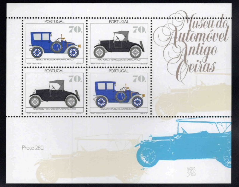 PORTUGAL Scott 1906A MNH** 1992 Antique Automobile souvenir sheet