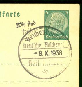 GERMANY 1938 OCCUPATION CZECHOSLOVAKIA SUDENTENLAND WE ARE FREE 6pf POSTAL CARD