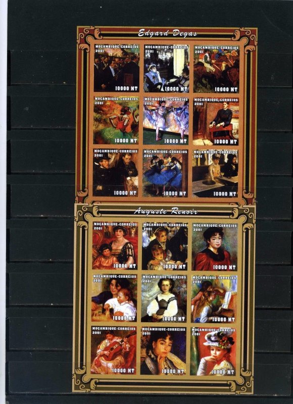 MOZAMBIQUE 2001 PAINTINGS BY A.RENOIR & E.DEGAS 2 SHEETS OF 9 STAMPS IMPERF.MNH