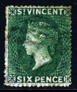 ST. VINCENT QV 1862 Six Pence Deep Green No Watermark Rough Perf 16 SG 4 VFU