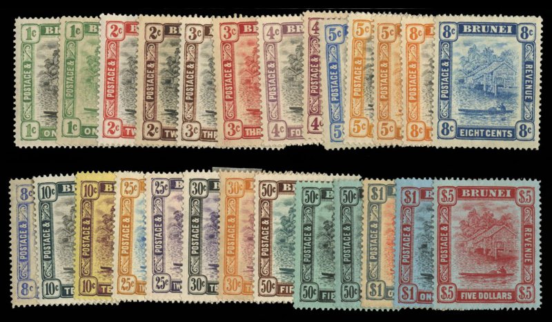 Brunei #13-38 Cat$643.70, 1907-21 1c-$5, complete set, hinged, some toning af...