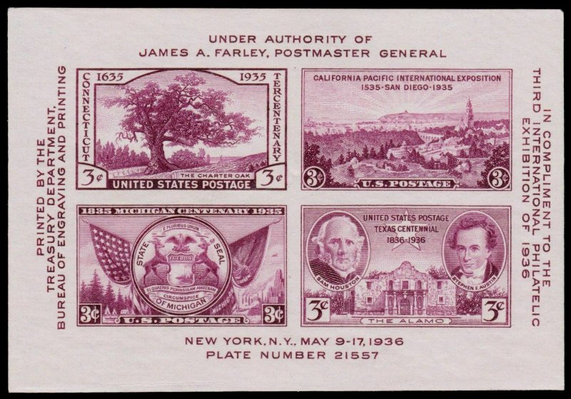 US 1936 Scott #778 3c TIPEX 3rd INTN'L PHILATELIC EXHIB. 4 STAMP SOUVENIR SHEET