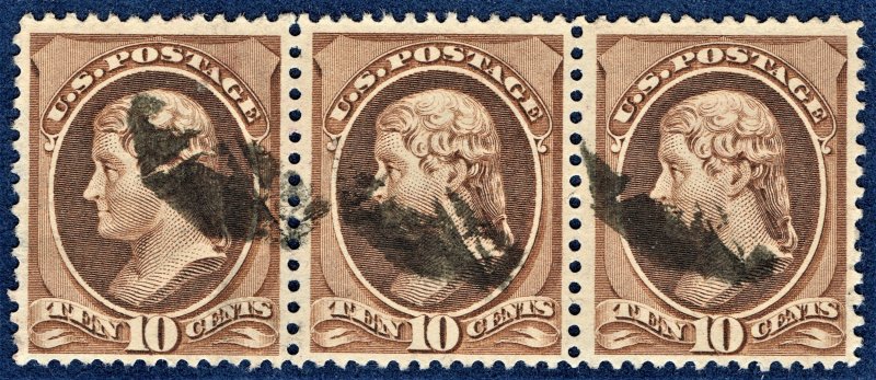 [0888] 1882 Scott#209 10¢ brown Strip of 3 used