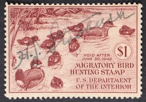 U.S. Used Stamp Scott #RW8 1941 $1 Federal Duck Hunting, F - VF. Scott: $50.00