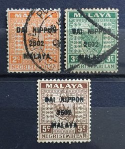 MALAYA 1942 JAPANESE OCCUPATION opt NEGRI SEMBILAN 3v Used SG#J229-231 M4795