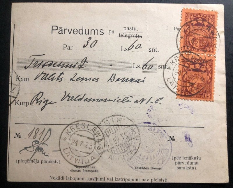 1926 Kreslawa Latvia Money Order Receipt Cover To Riga