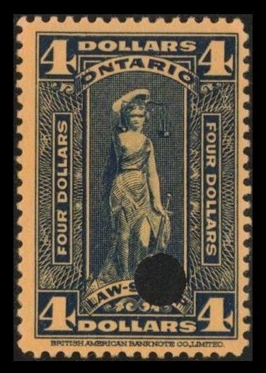 1929 CANADA,ONTARIO LAW STAMP SCARCE $4 #OL82 BLUE ON ORANGE, READ NOTE