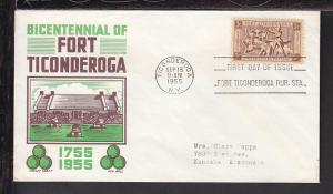 US 1071 Fort Ticonderoga 1955 Cachet Craft Typed FDC 