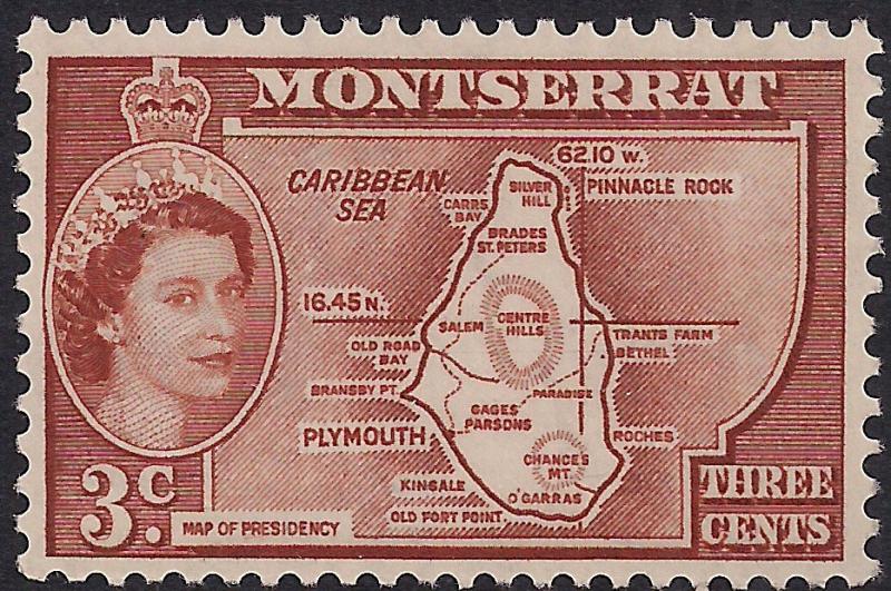 Montserrat 1953 QE2 3ct Orange Brown Colony Map Umm SG 139 (H1410)