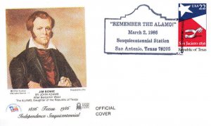 Texas Independence Assn FDC Uo #2204 Texas Republic 150th Jim Bowie 1986