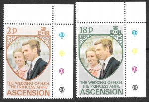 Ascension Princess Anne Wedding issue of 1973, Scott 177 - 178, MNH Color Reg