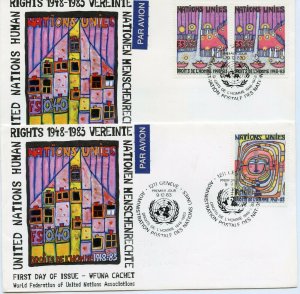 UN WFUNA 1983 HUMAN RIGHTS GENEVA SET ON 2 FDCs CACHET DESIGN BY HUNDERTWASSER