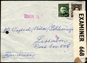 SLOVAKIA WW2 Cover UNDERCOVER ADDRESS Portugal Lisbon Censor 1941 MC286