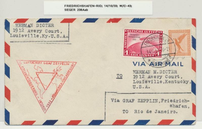 GERMANY TO RIO 1933 GRAF ZEPPELIN COVER,1M CHICAGO+50pf Si#238Aab (SEE BELOW)