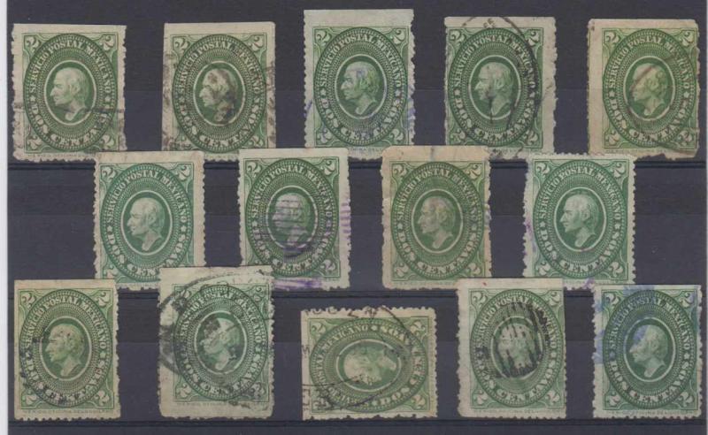 MEXICO 1884 HIDALGO Sc 151 GROUP OF 14 SINGLES ON CARD SHADES & PAPERS USED