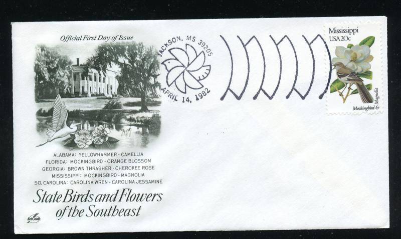 US 1976 State Birds & Flowers - Mississippi UA ArtCraft FDC Capital Postmark