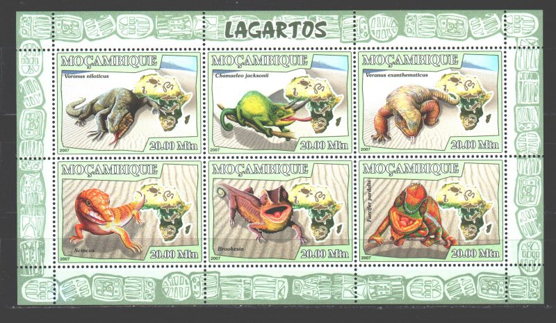 Mozambique. 2007. Small sheet 2991-96. Lizards, fauna. MNH.