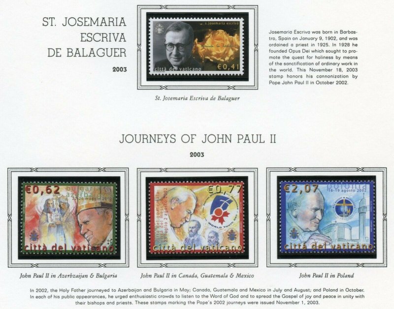 VATICAN CITY 2003  COMPLETE YEAR SET STAMPS WITH BOOKLET MINT NH ON ALBUM PAGES