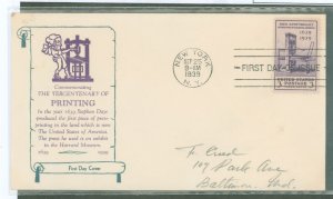 US 857 1939 3c The Tercentenary Of Printing on an addressed FDC with an Unknown Cachet