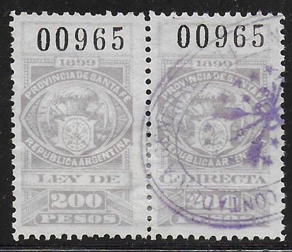 Argentina 1899 Santa Fe Revenue 200P Used Pair. Usual Small faults