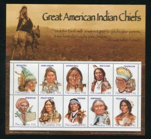 Gambia 3001 Great American Indian Chiefs Sheet of 10 Stamps 2005 MNH