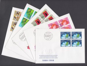 Switzerland Mi 1364/1379, 1988 issues, 3 complete sets in blocks of 4 on 11 FDCs