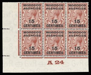 Morocco Agencies 1925 KGV 15c on 1½d Control A24 Plate 4 block mint. SG 204.