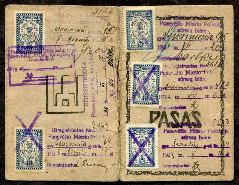 p819 - LITHUANIA Panevezis 1920s-30s Municipal REVENUE Stamps on Passport.