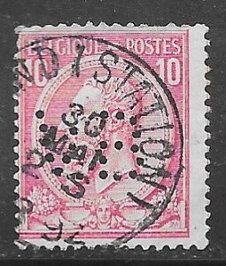 Belgium 52: 10c Leopold II, perfin, used, F