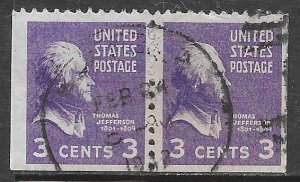 USA 807a: 3c Jefferson, pair with 3 mm gap, used, F-VF
