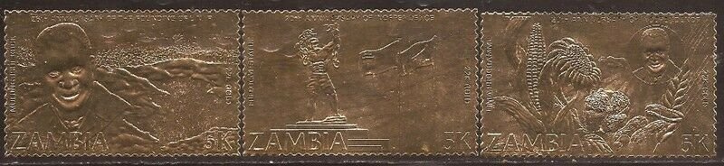 Zambia 1984 Independence Anniv. - Set of 3 Stamps Embossed 22K Gold Foil 26A-036