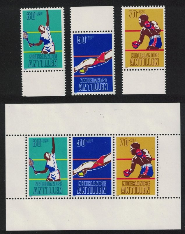 Neth. Antilles Tennis Boxing Swimming 3v+MS 1981 MNH SG#751-MS754