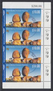 Australia Sc 1846 used 2000 $10.00 Devils Marbles, strip of 4 with margins.