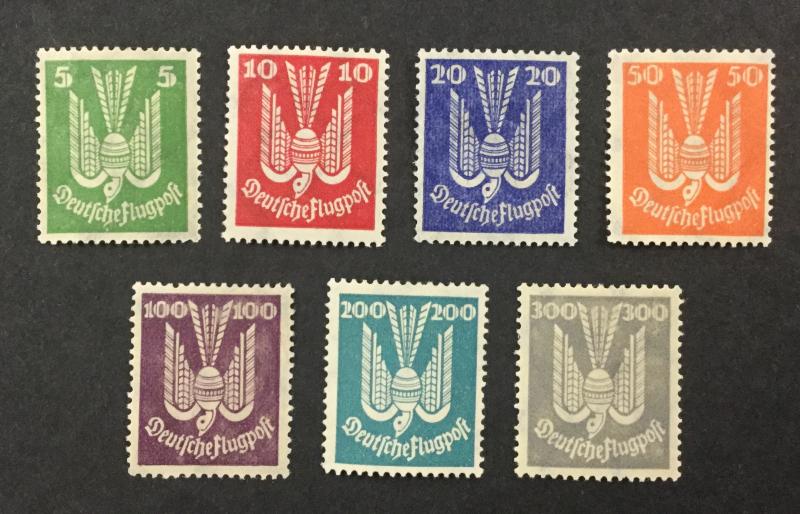 (BJ Stamps) GERMANY, C20-C26, 1924 set of 7 airmails, FVF, OG, MLH. CV $202.75.