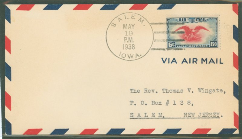 US C23 national air mail wek, NAMW, event cover, salem, iowa, addressed, uncacheted with may 19, 1938 cancel