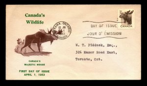 Canada 1953 Wildlife Moose FDC / Nice Cachet / Light Cnr Crease - L12400