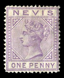 Nevis #19 Cat$90, 1880 1p violet, hinge remnant