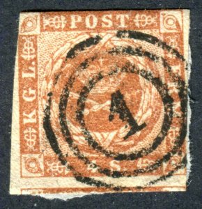 Denmark 1854. 4sk orange. Used. SG9b.